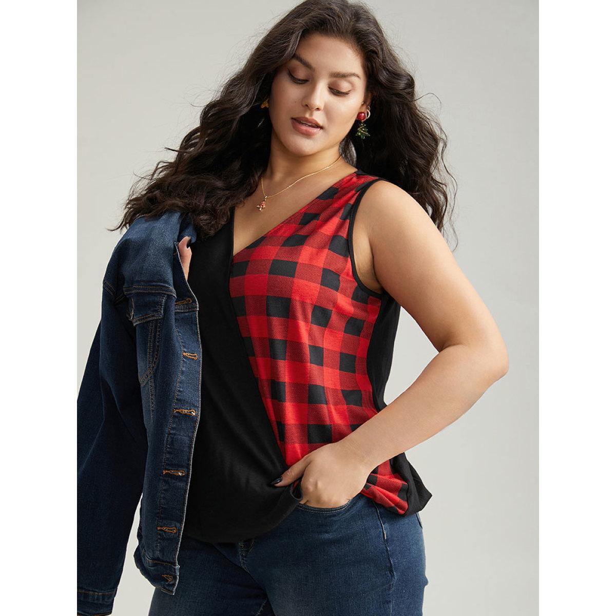 Plus Size V Neck Plaid Patchwork Contrast Tank Top Women Black Casual Contrast V-neck Festival-Christmas Tank Tops Camis BloomChic 18-20/2X Product Image