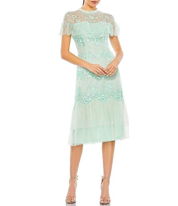 Mac Duggal Embroidered Mesh Illusion Crew Neck Cap Sleeve Ruffle Hem Dress Product Image