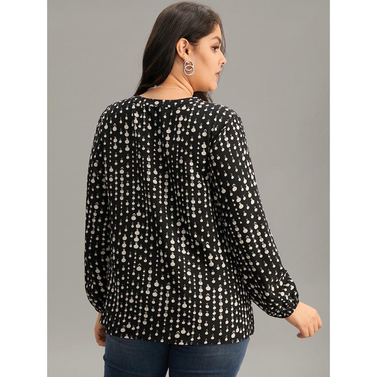 Plus Size Black Chain Print Notched Lantern Sleeve Blouse Women Office Long Sleeve Notched collar Vacation Blouses BloomChic 28/5X Product Image