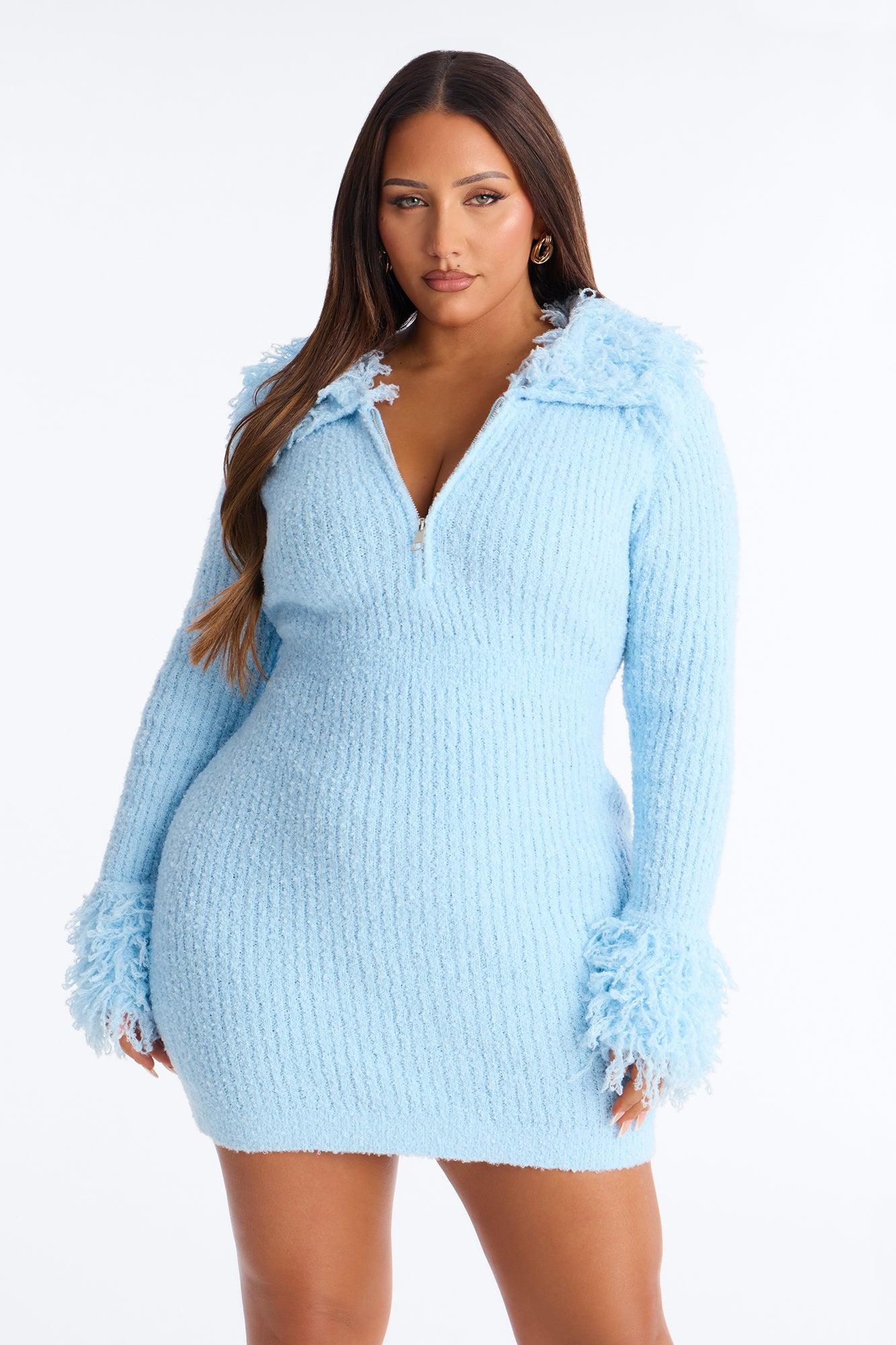 Zahra Fringe Trim Sweater Mini Dress - Light Blue Female Product Image