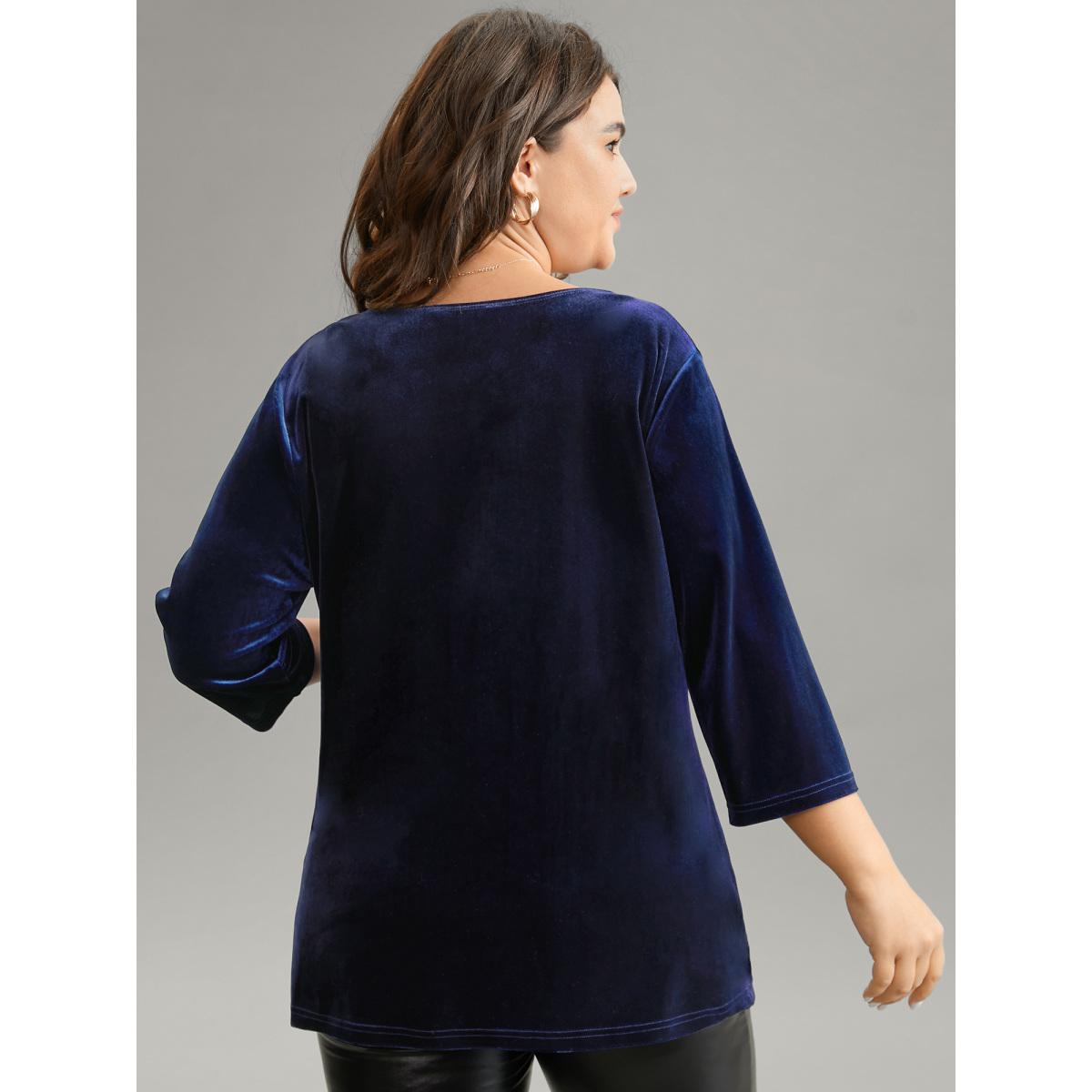 Plus Size Indigo Plain Velvet Cowl Neck Blouse Women Elegant Elbow-length sleeve Cowl Neck Party Blouses BloomChic 26/4X Product Image
