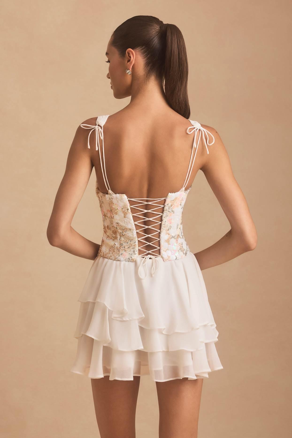 Embellished Ruffled Corset Mini Dress in Ivory Product Image