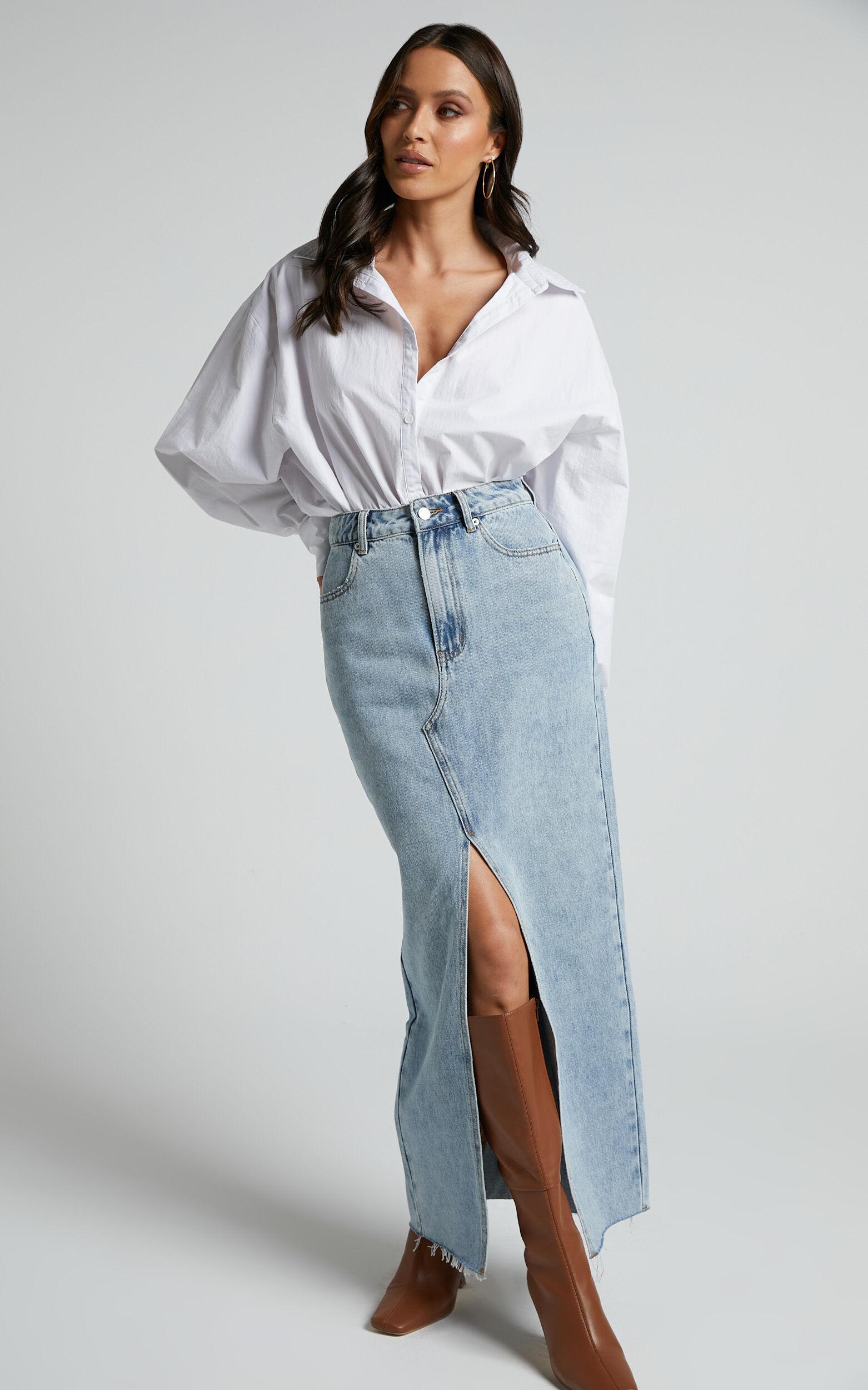 Kira Midi Skirt - Front Split Denim Skirt in Light Blue Wash Product Image