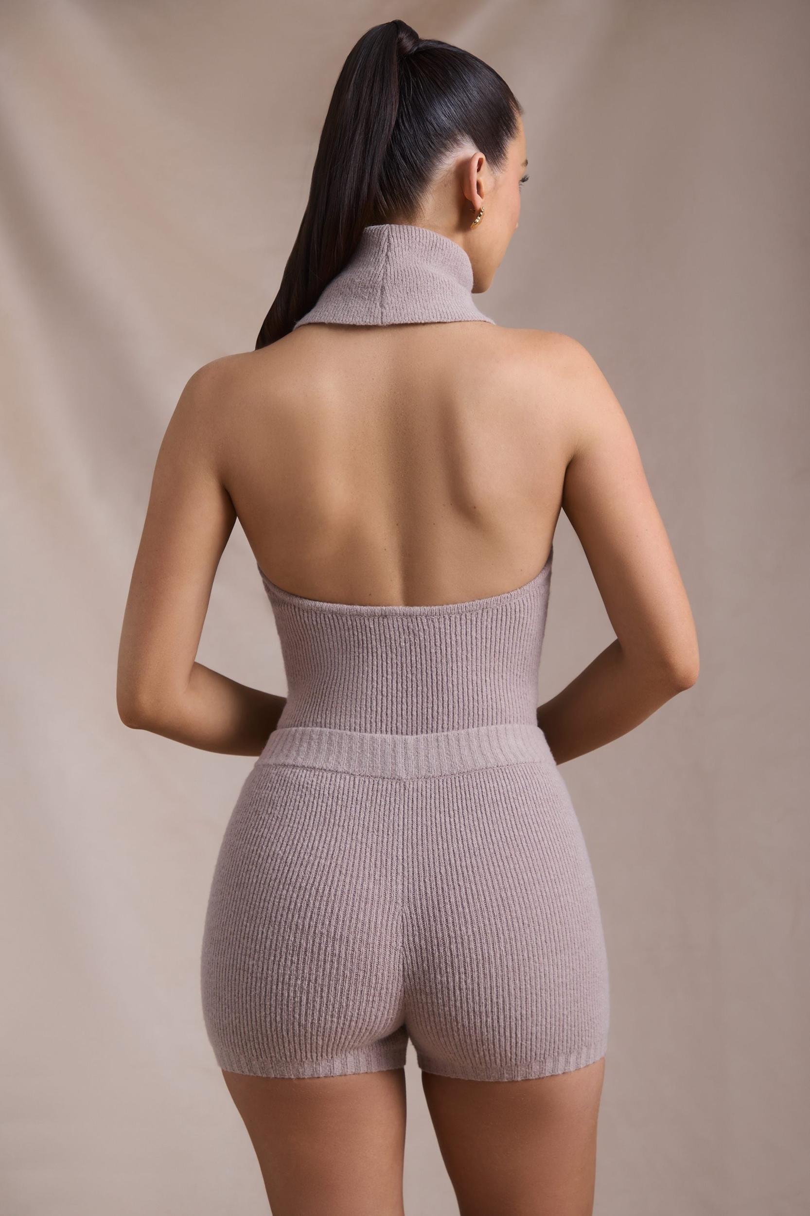 Ribbed-Knit Turtleneck Backless Top in Taupe Product Image