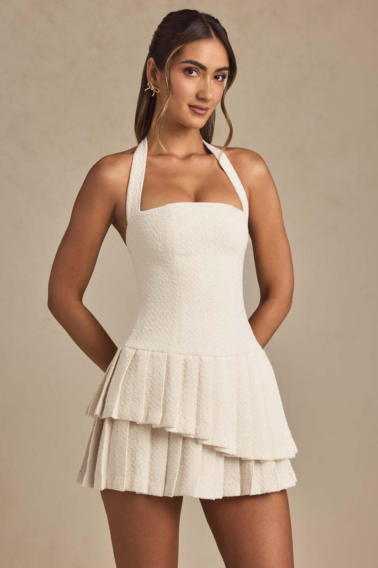 Asymmetric Layered Halterneck Mini Dress in Ivory Product Image