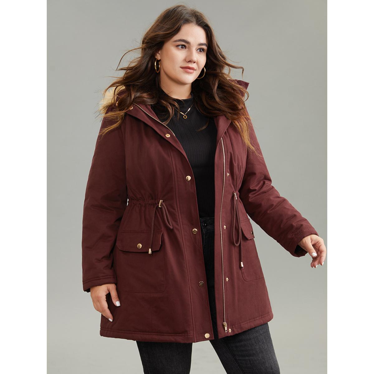 Plus Size Contrast Hooded Fuzzy Trim Drawstring Padded Coat Women Maroon Casual Lined Ladies Dailywear Winter Coats BloomChic 14-16/1X Product Image