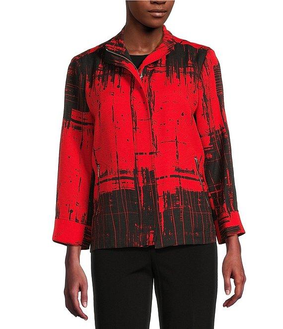 Ali Miles Abstract Print Soft Collar 3/4 Sleeve Zip-Up Jacket Product Image
