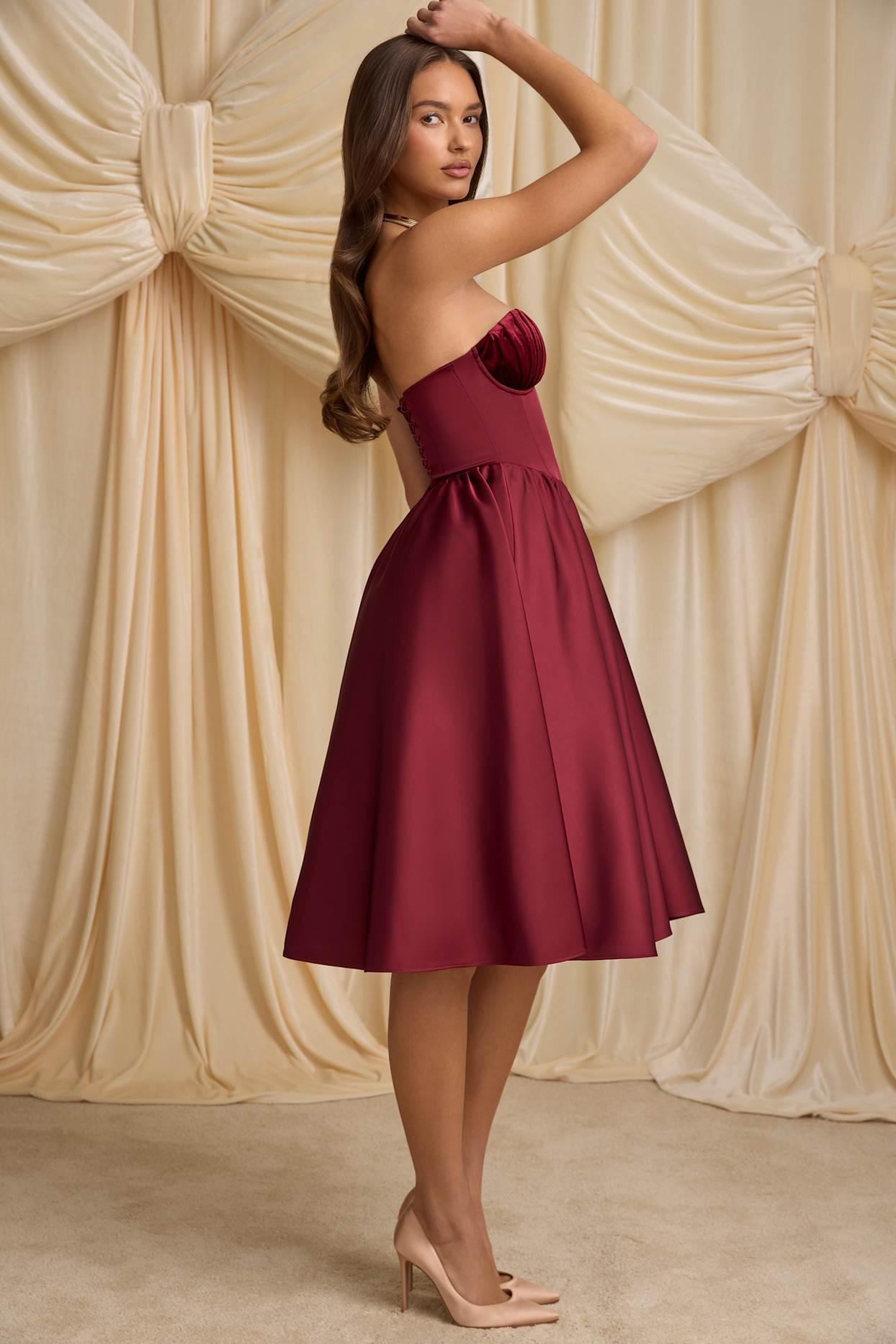 Strapless Corset Midi Dress in Wine Red Product Image