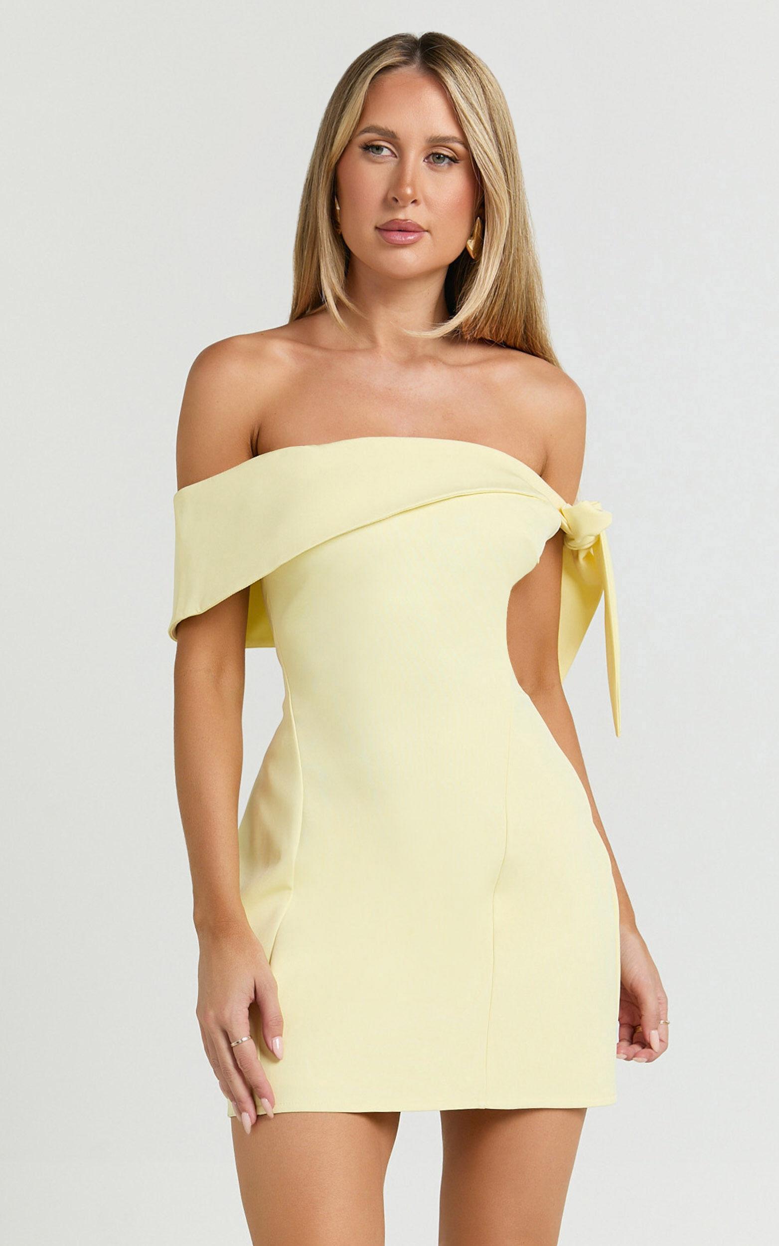 Cecilia Mini Dress - Off Shoulder Tie Detail Dress in Lemon Product Image