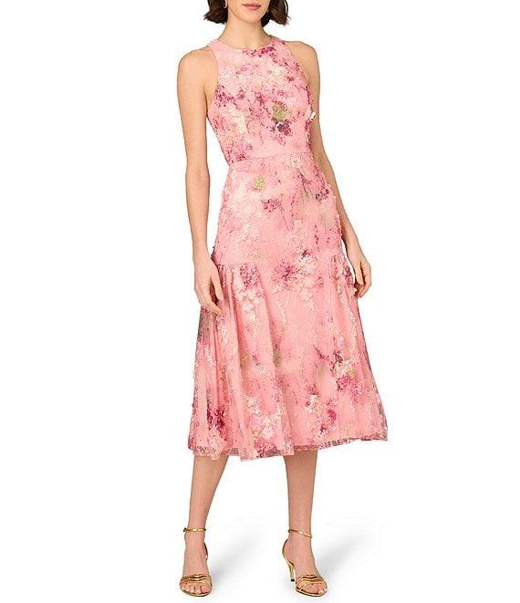 Aidan Mattox Round Neck Sleeveless 3D Embroidered Lace Trumpet Midi Dress Product Image