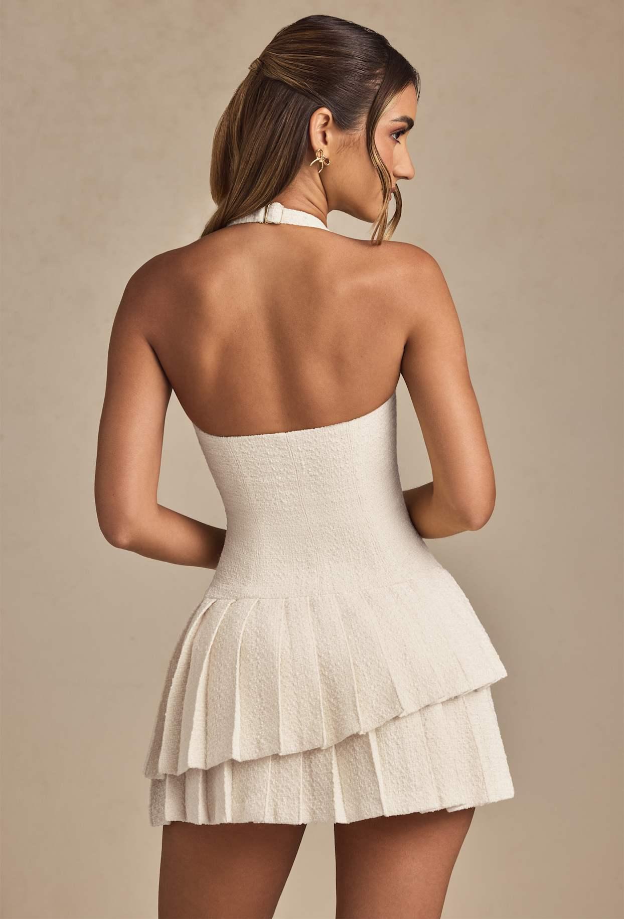 Asymmetric Layered Halterneck Mini Dress in Ivory Product Image