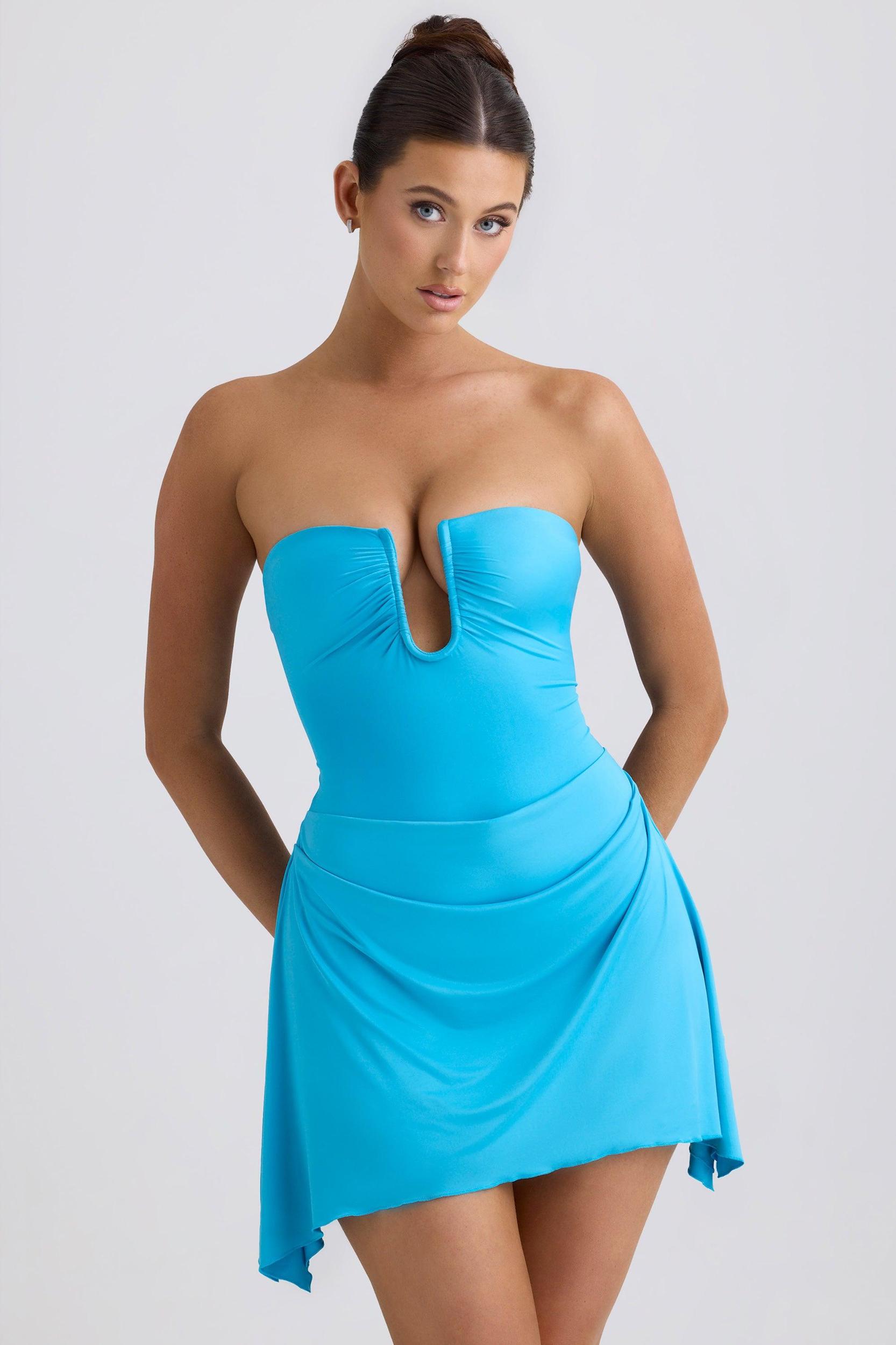 Slinky Jersey Draped A-Line Mini Dress in Aqua Blue Product Image