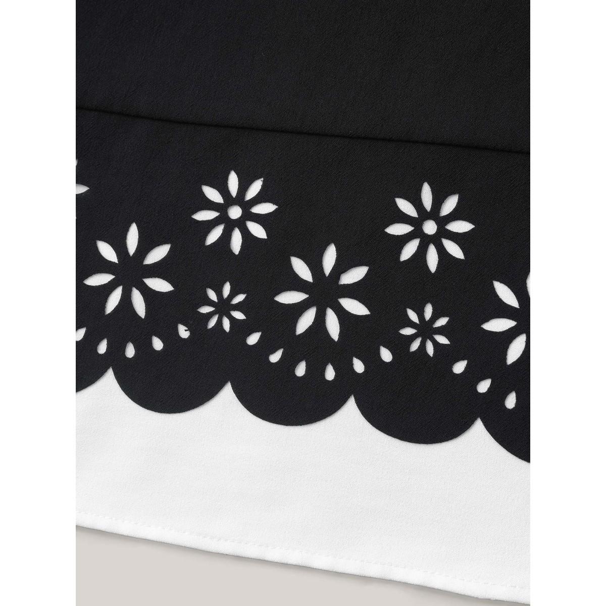 Plus Size Black Laser Cut Patchwork Round Neck Blouse Women Short sleeve Round Neck Work Blouses BloomChic 10/M Product Image