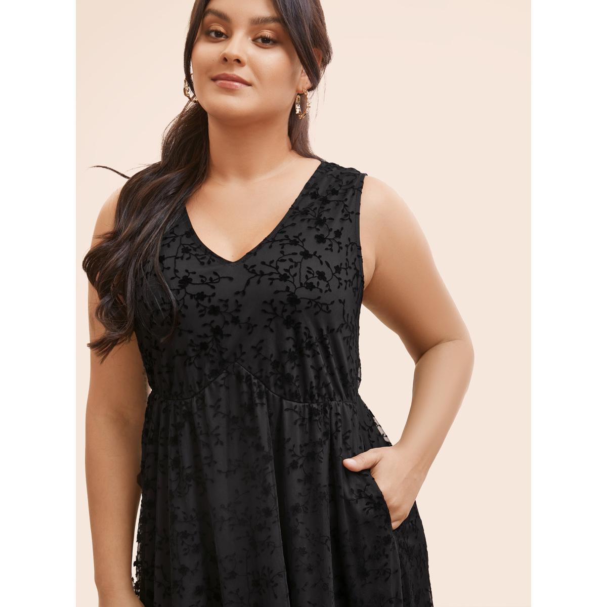 Plus Size Floral Flocking Mesh Sleeveless Dress Black Women Elegant Texture V-neck Sleeveless Curvy BloomChic 22-24/3X Product Image