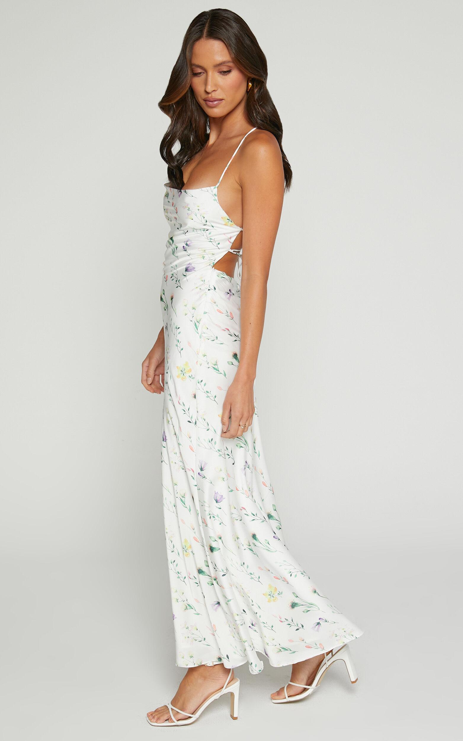 Shierina Midi Linen Blend Dress - Sweetheart Neck Line Sleeveless Dress in White Floral Product Image