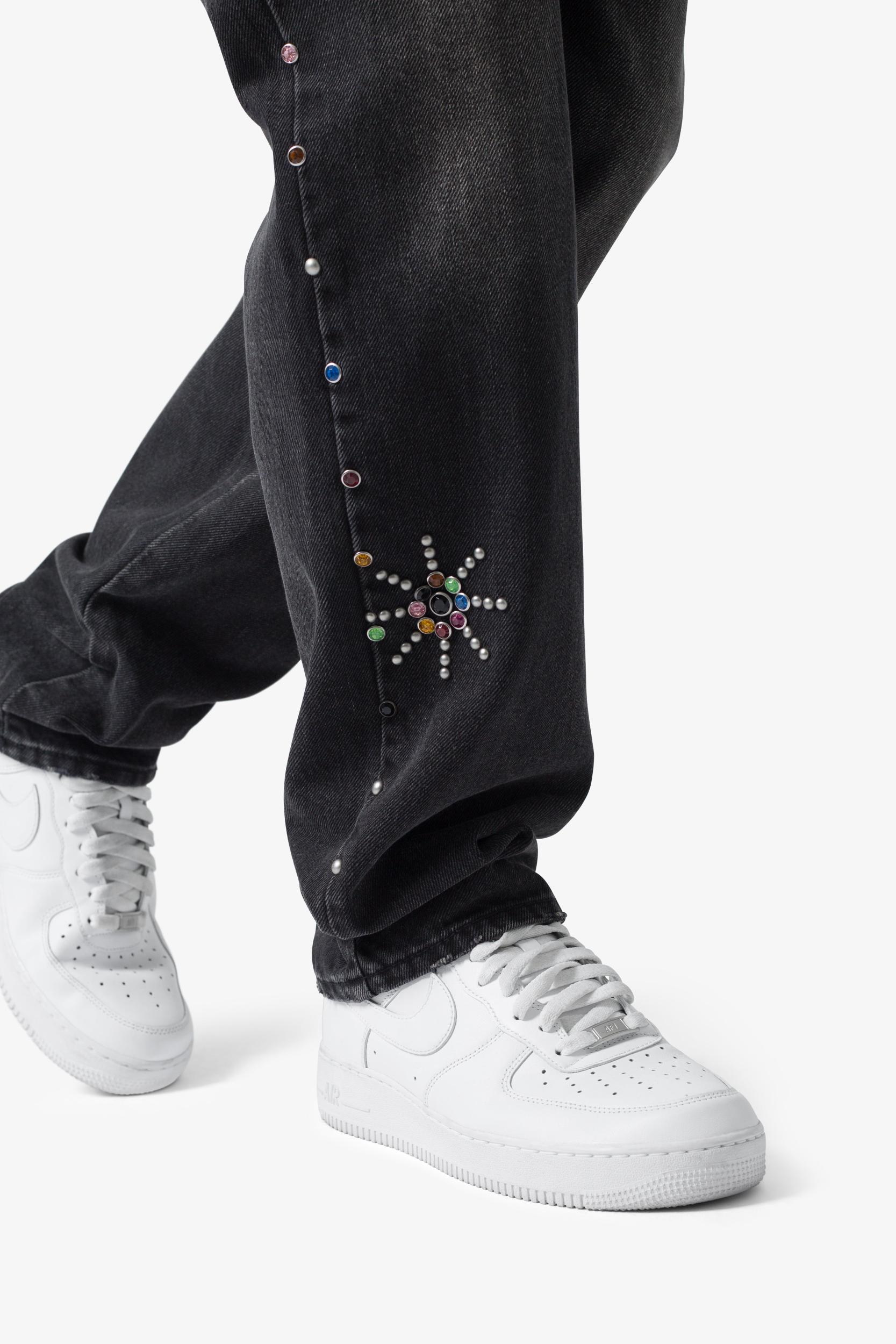 V376 Studded Baggy Denim - Washed Black Product Image