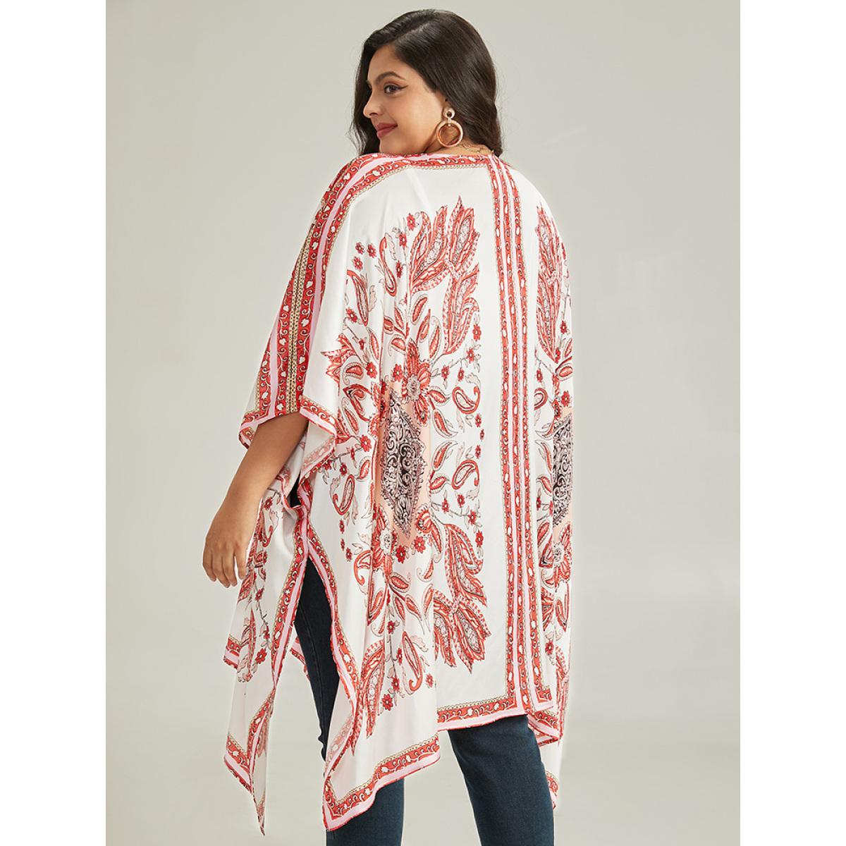 Plus Size Paisley Print Asymmetrical Hem Drape Kimono Women Brown Casual Drape Loose Dailywear Kimonos BloomChic 18-20/2X Product Image