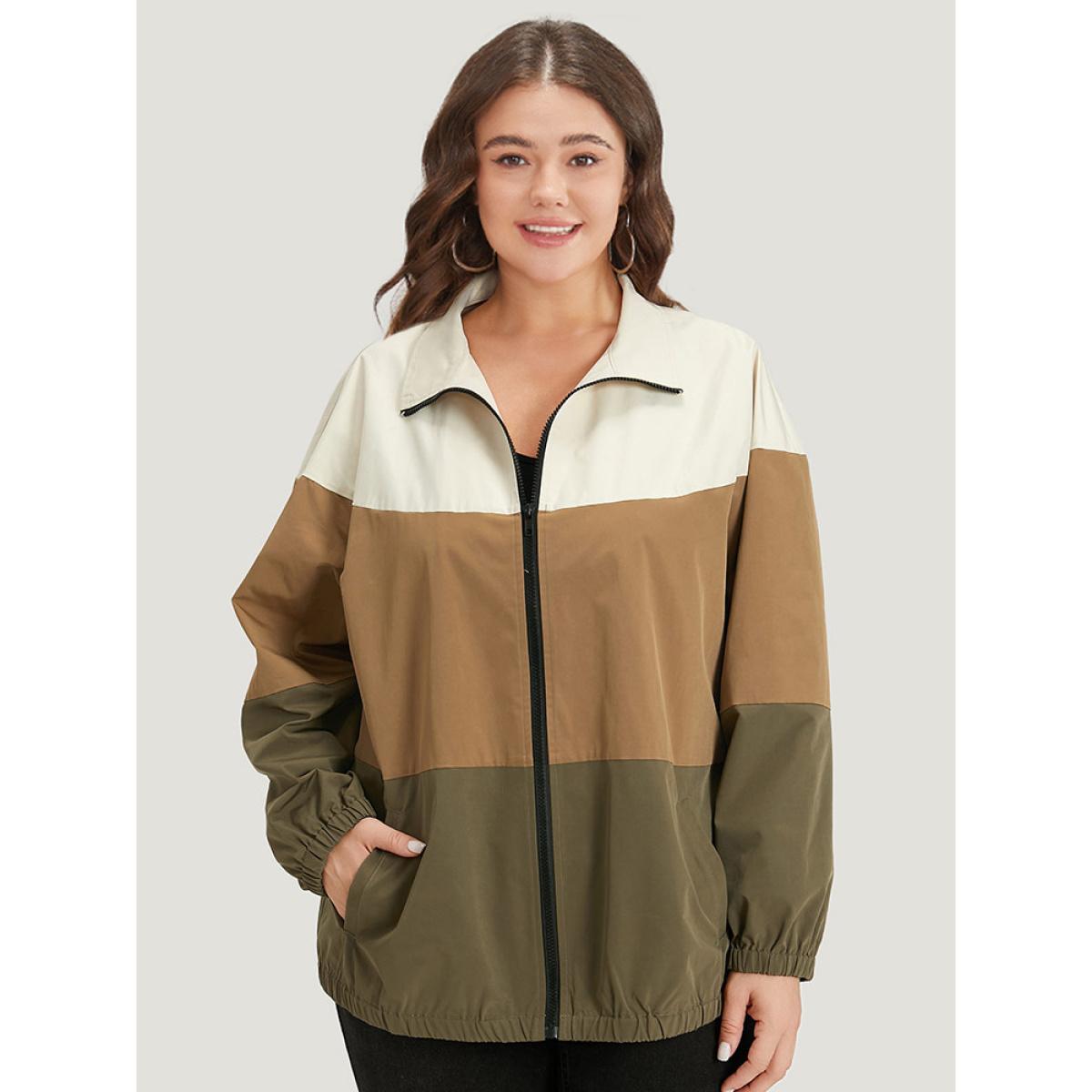 Plus Size Colorblock Contrast Zipper Pocket Elastic cuffs Coat Women Multicolor Casual Elastic cuffs Ladies Dailywear Winter Coats BloomChic 10/M Product Image