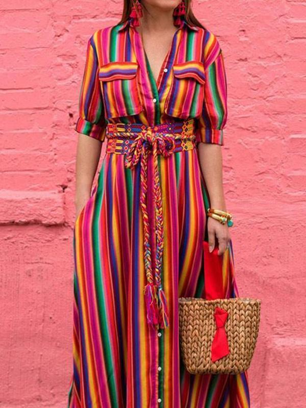 Long Sleeves Loose Split-Joint Striped Lapel Maxi Dresses Shirt Dress Product Image