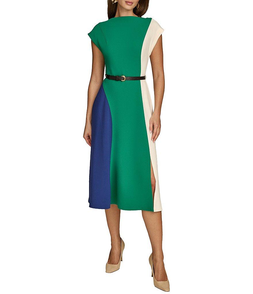 Donna Karan Color Block Boat Neck Cap Sleeve Belted Cady Crepe A-Line Midi Dress Product Image