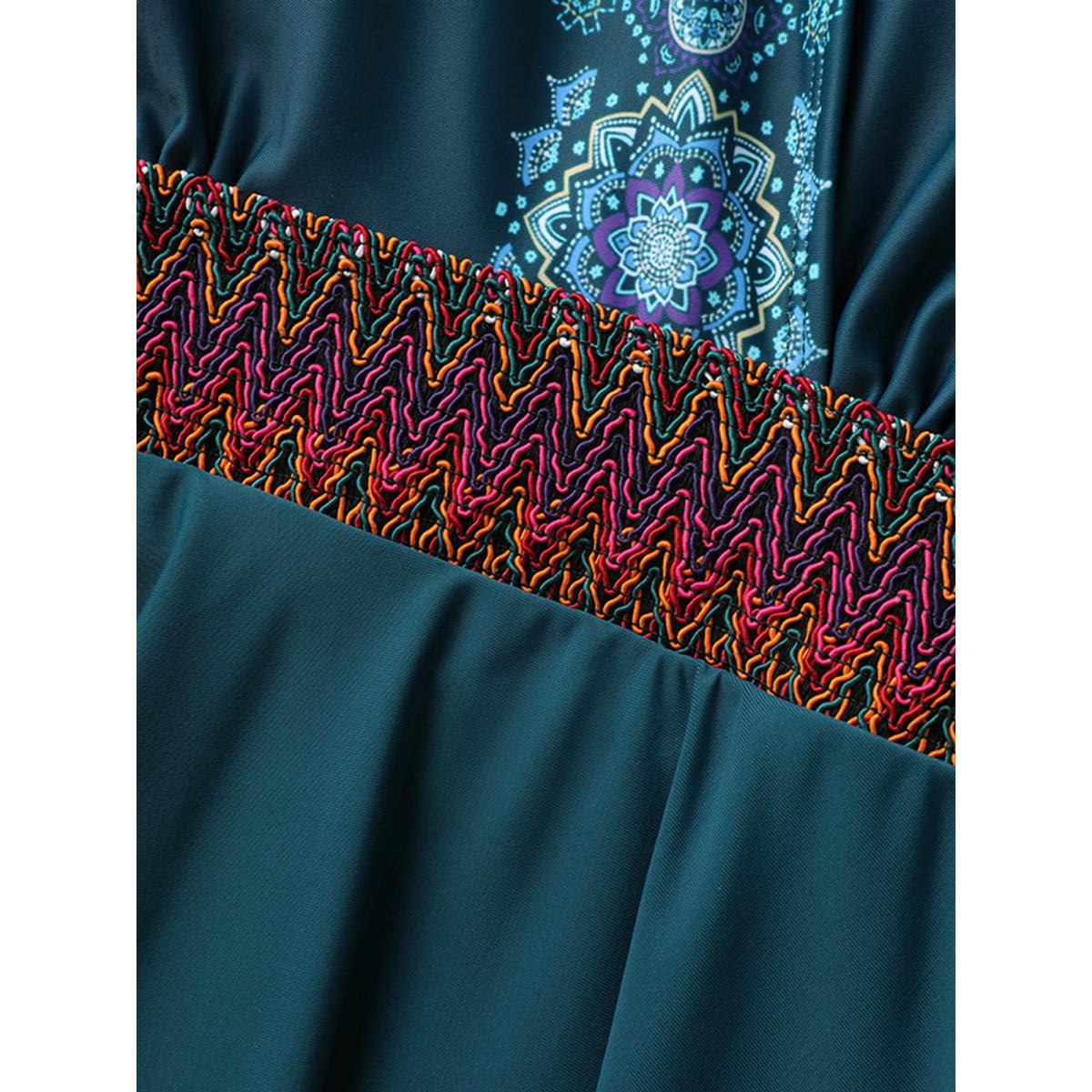 Plus Size Overlap Collar Bandana Print Contrast Webbing Swim Dress Women's Swimwear Cyan Beach Bodycon Overlap Collar High stretch Curve Swim Dresses BloomChic 22-24/3X Product Image