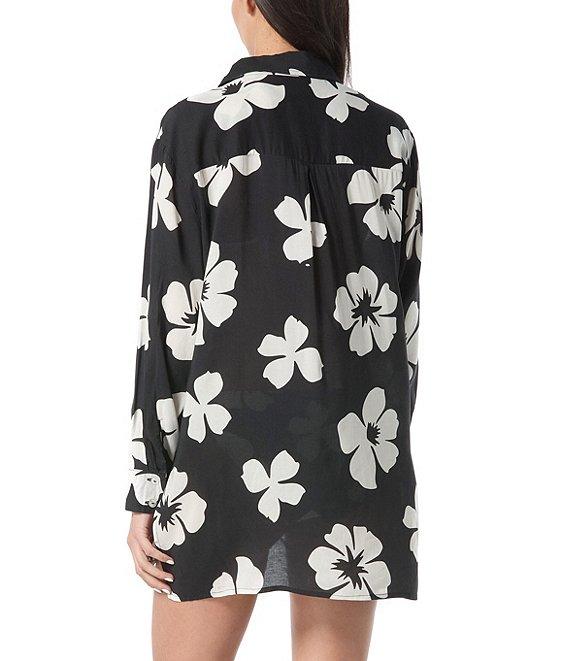 Vince Camuto Floral Collared Long Sleeve Tie Front Swim Cover-Up Shirt Product Image