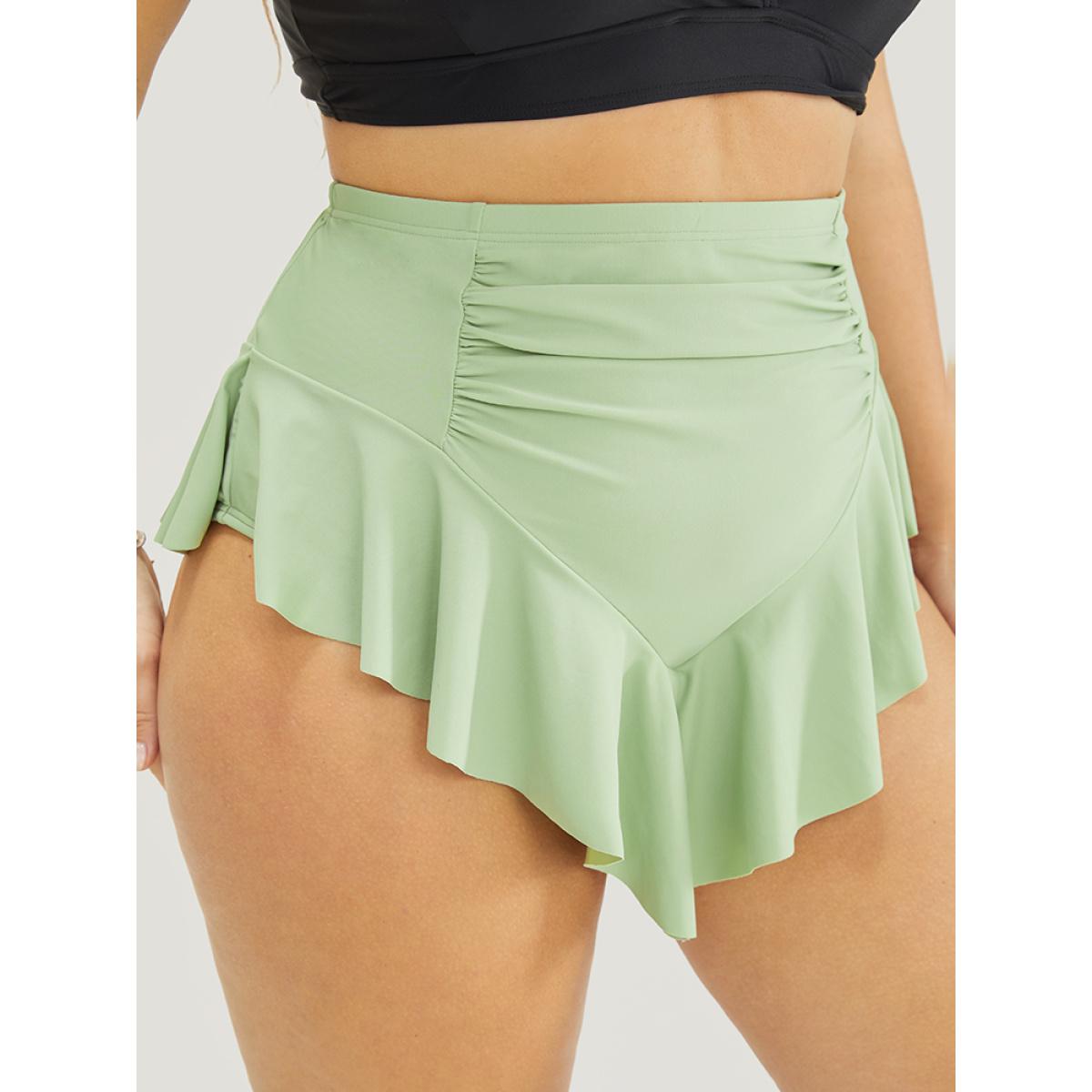 Plus Size Ruffle Trim Ruched Front Swim Bottom Women's Swimwear LightGreen Resort Non High stretch Bodycon High Rise Curve Swim Bottoms BloomChic 18-20/2X Product Image