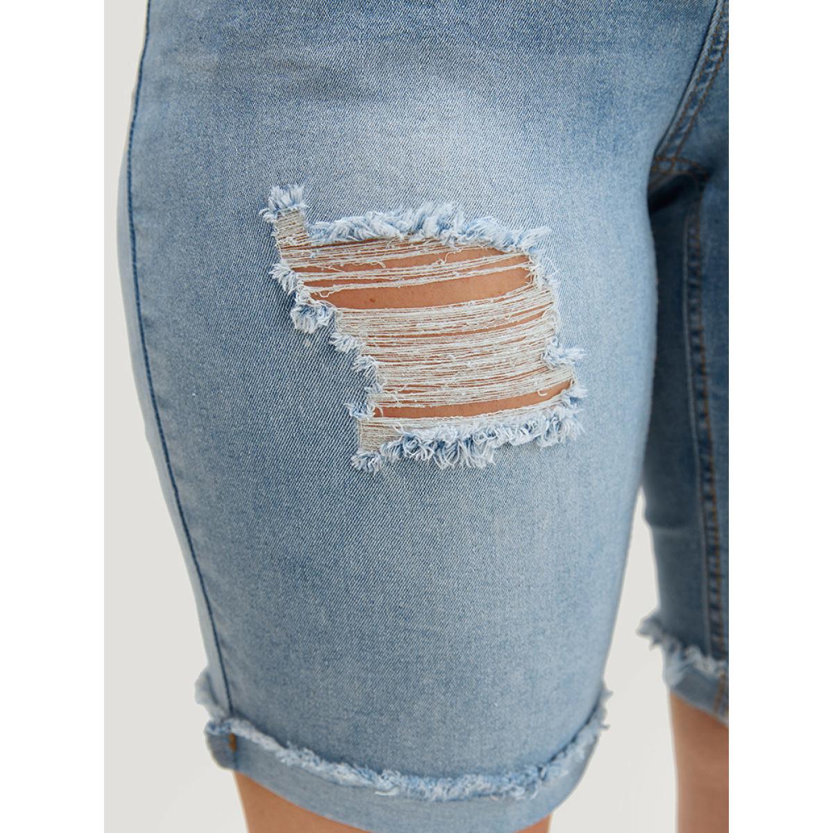Plus Size Moderately Stretchy High Rise Light Wash Distressed Denim Shorts Women LightBlue Casual Plain Medium stretch Pocket Jeans BloomChic 14/1X Product Image