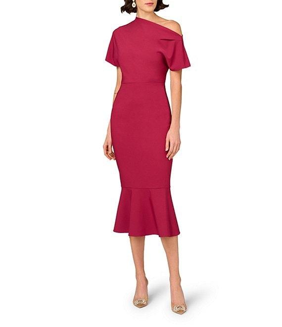 Aidan Mattox Stretch Crepe One-Shoulder Short Sleeve Flared Hem Dress Product Image
