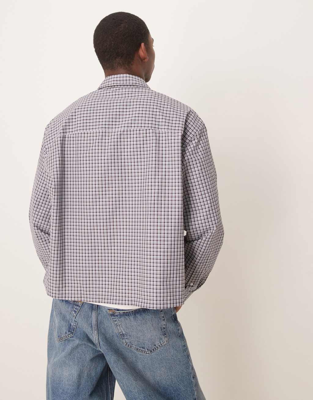 ASOS DESIGN oversized boxy shirt with embroidered pocket in gray check Product Image