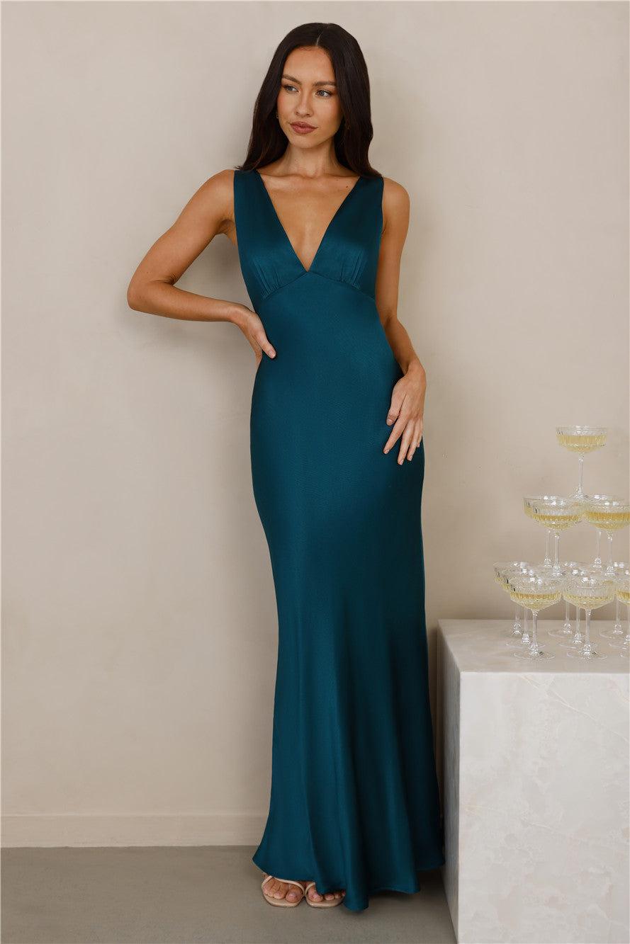 The Isabeau Satin Maxi Dress Teal Product Image
