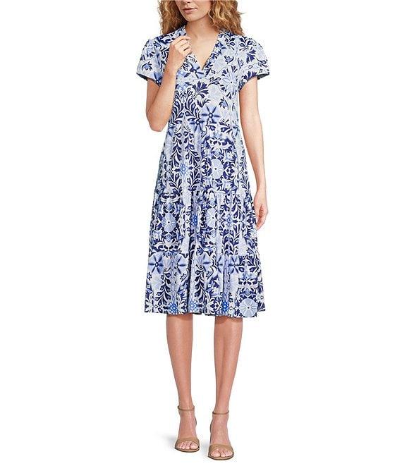 Jude Connally French Tile Print Jude Cloth Stretch Knit V-Neck Short Puff Sleeve A-Line Tiered Dress Product Image