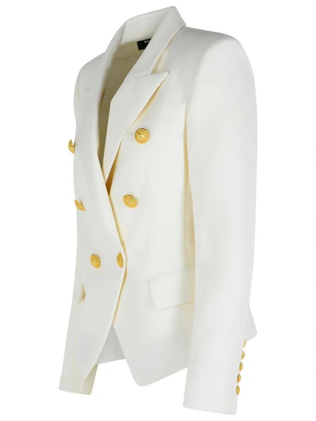 BALMAIN Double-breasted Structured Denim Blazer With Peak Lapel In White Product Image