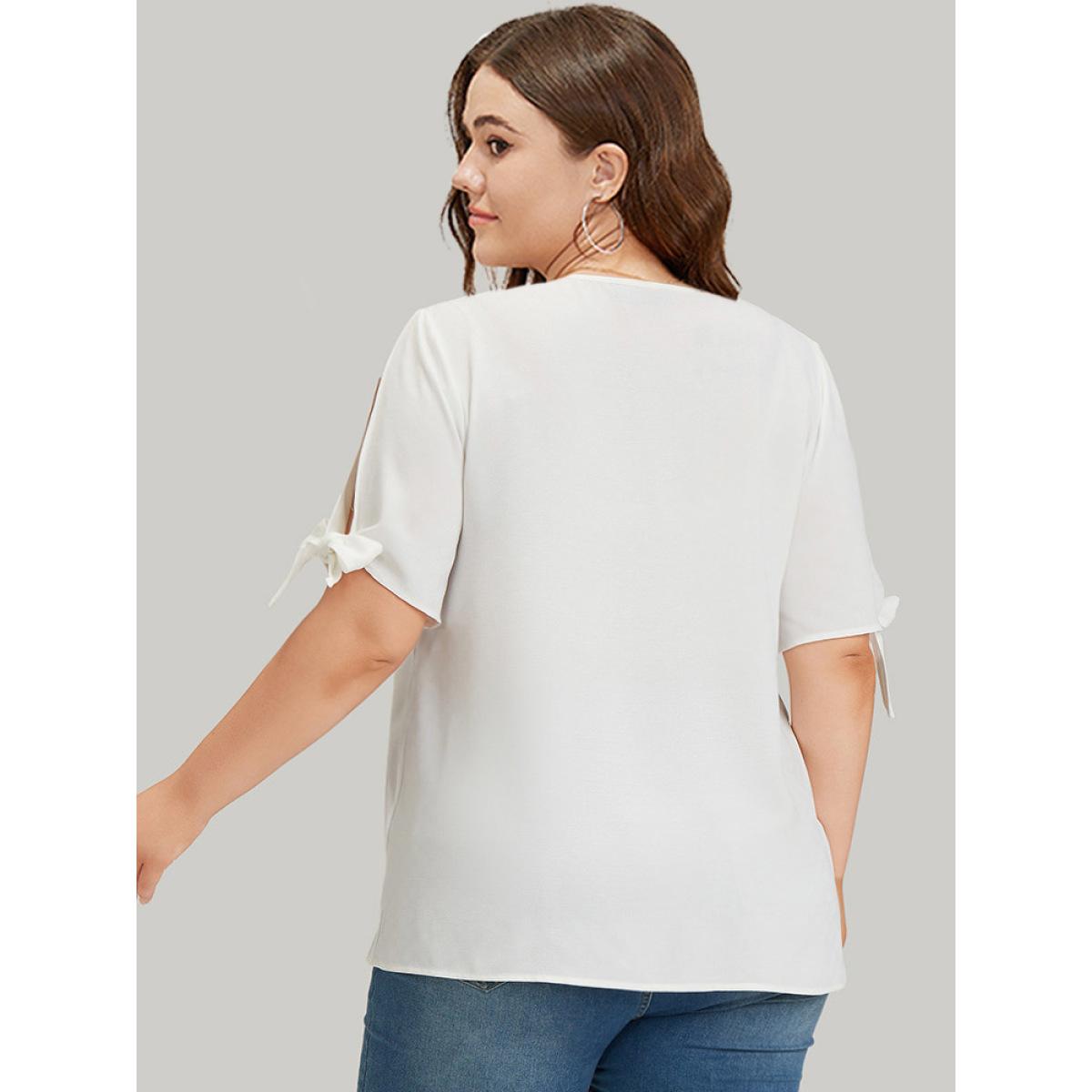 Plus Size Ivory Anti-Wrinkle Plain Lace Cut Out Knot Sleeve Blouse Women Office Short sleeve V-neck Office Blouses BloomChic 12/L Product Image