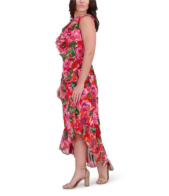 Kensie Chiffon Floral Print V-Neck Sleeveless Ruffle Sheath Midi Dress Product Image
