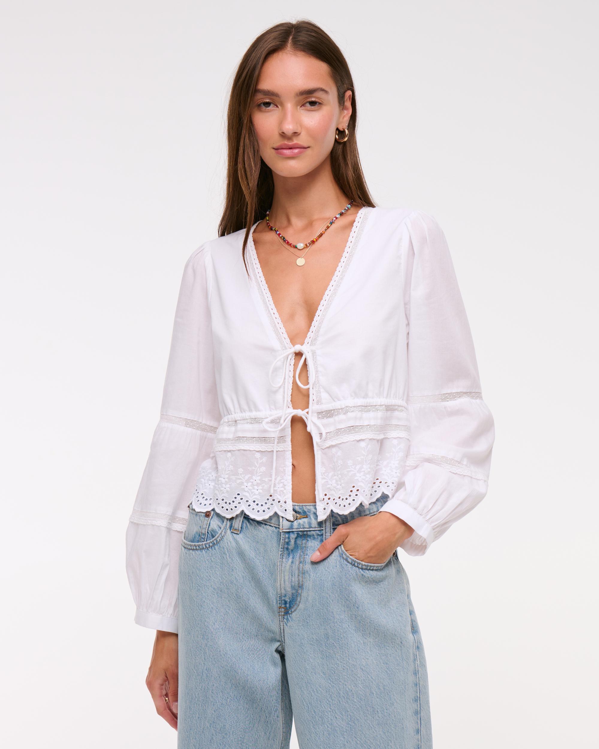 Long-Sleeve Lace Tie-Front Top Product Image