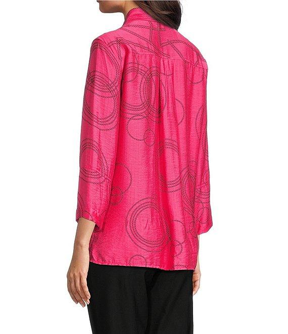 Ali Miles Petite Size Woven Geometric Print Point Collar 3/4 Sleeve Button Front Tunic Product Image