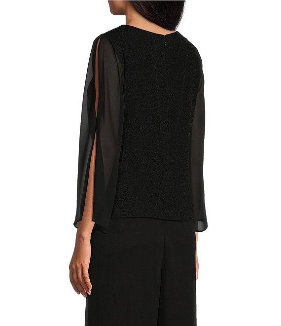 Alex Evenings Sheer 3/4 cold Shoulder Sleeve Crew Neck Metallic Knit Beaded Detail Blouse Product Image