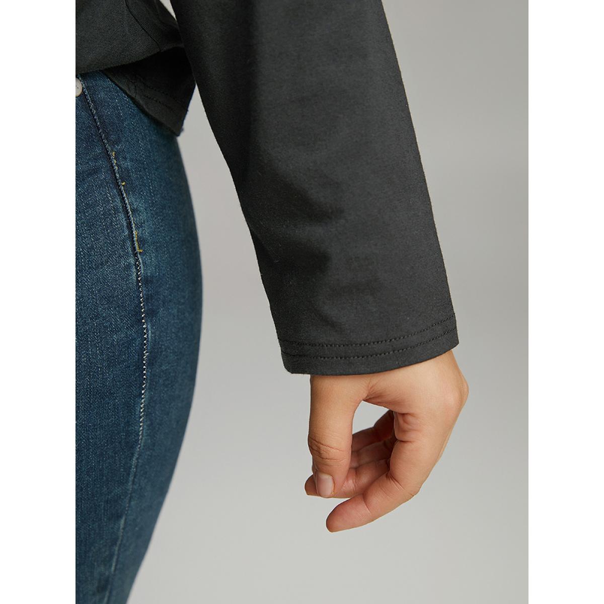 Plus Size Cotton Solid Button Through Arc Hem T-shirt Black Women Elegant Plain Plain Open Front Dailywear T-shirts BloomChic 10/M Product Image