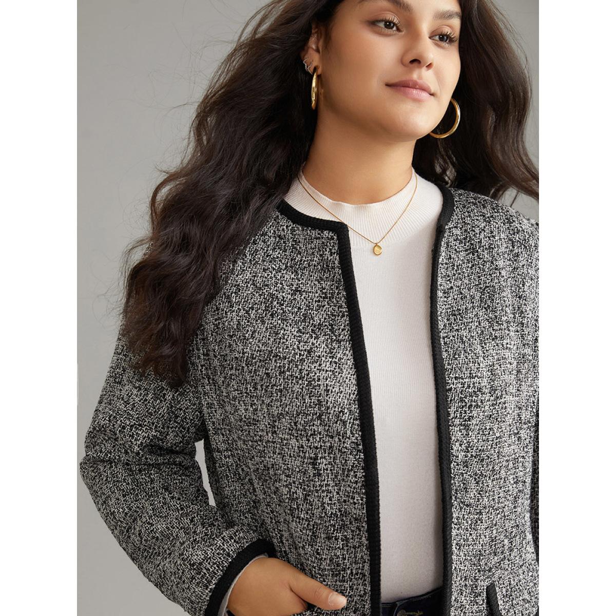 Plus Size Tweed Flap Pocket Open Front Contrast Trim Blazer Black Women Dailywear Plain Texture Sleeve Long Sleeve Open Front 12/L Pocket Casual Blazers BloomChic Product Image