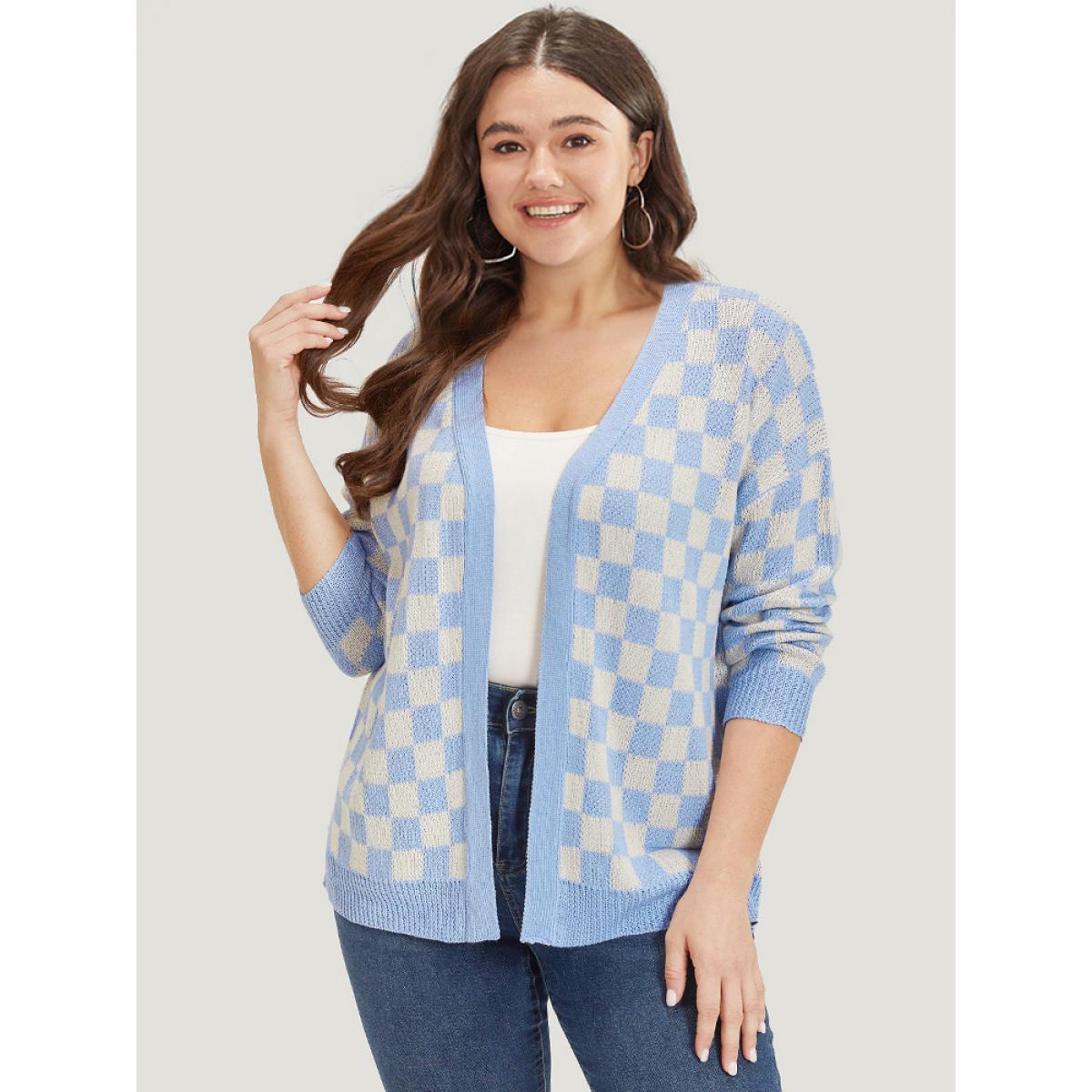 Plus Size Plaid Print Open Front Elastic Cuffs Cardigan LightBlue Women Casual Loose Long Sleeve Dailywear Cardigans BloomChic 22-24/3X Product Image