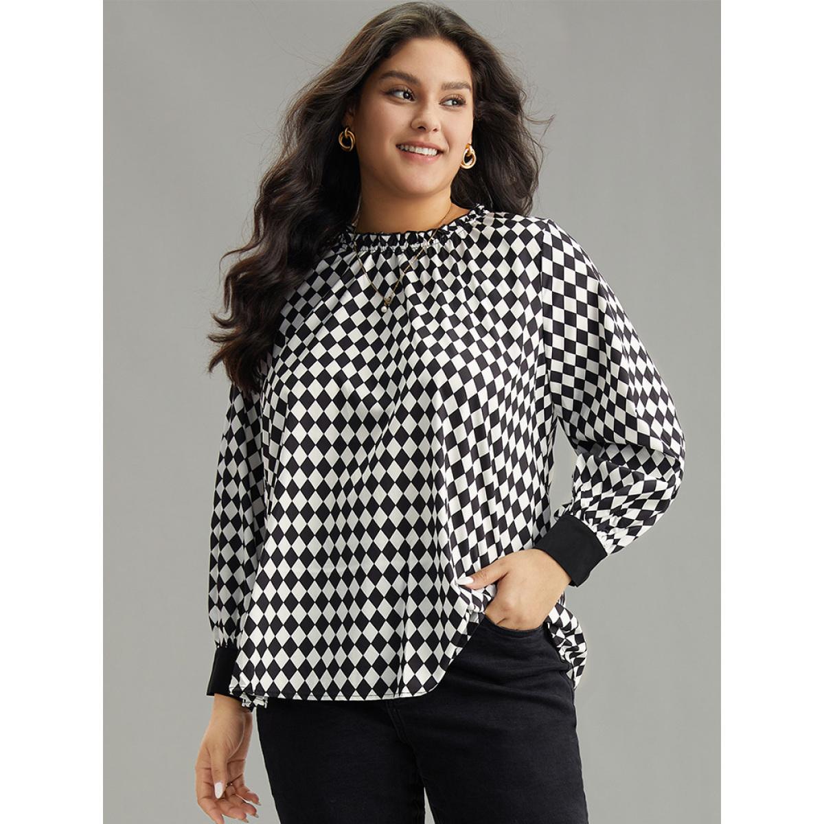 Plus Size Black Halloween Check Frill Trim Gathered Patchwork Blouse Women Elegant Long Sleeve Round Neck Dailywear Blouses BloomChic 22-24/3X Product Image