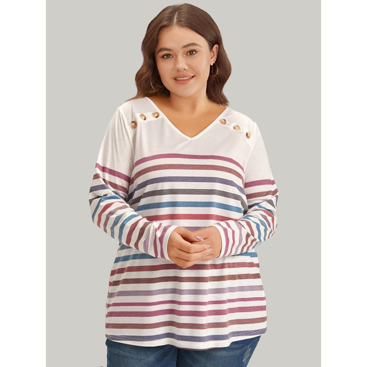 Plus Size Striped V Neck Button Detail Raglan Sleeve T-shirt Multicolor Women Casual Button Striped V-neck Dailywear T-shirts BloomChic 26/4X Product Image