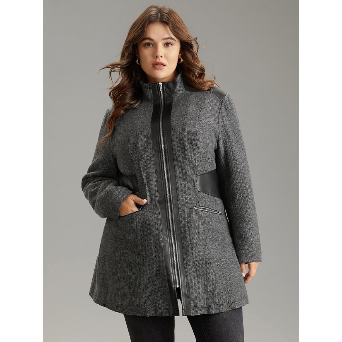 Plus Size Padded Patchwork PU Leather Zipper Coat Women Black Casual Texture Ladies Dailywear Winter Coats BloomChic 26/4X Product Image