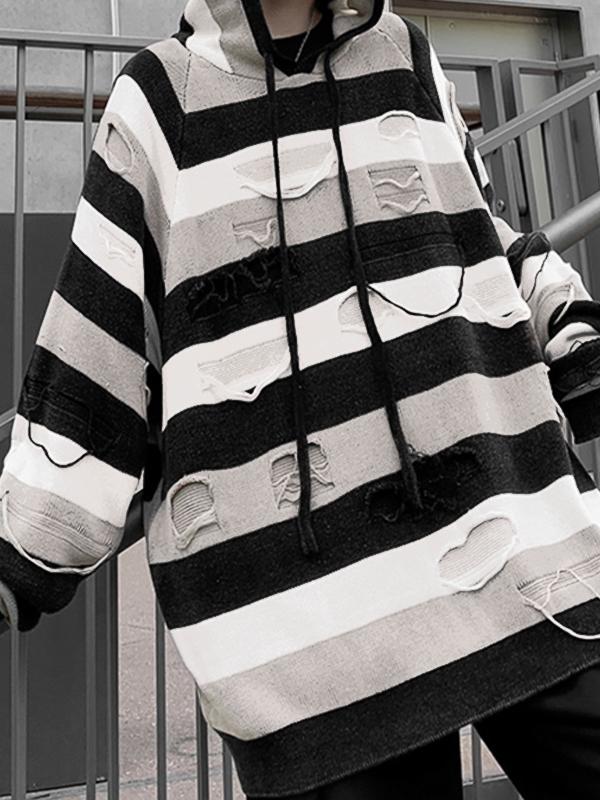Men's Contrast Striped Ripped Hooded Sweater Product Image
