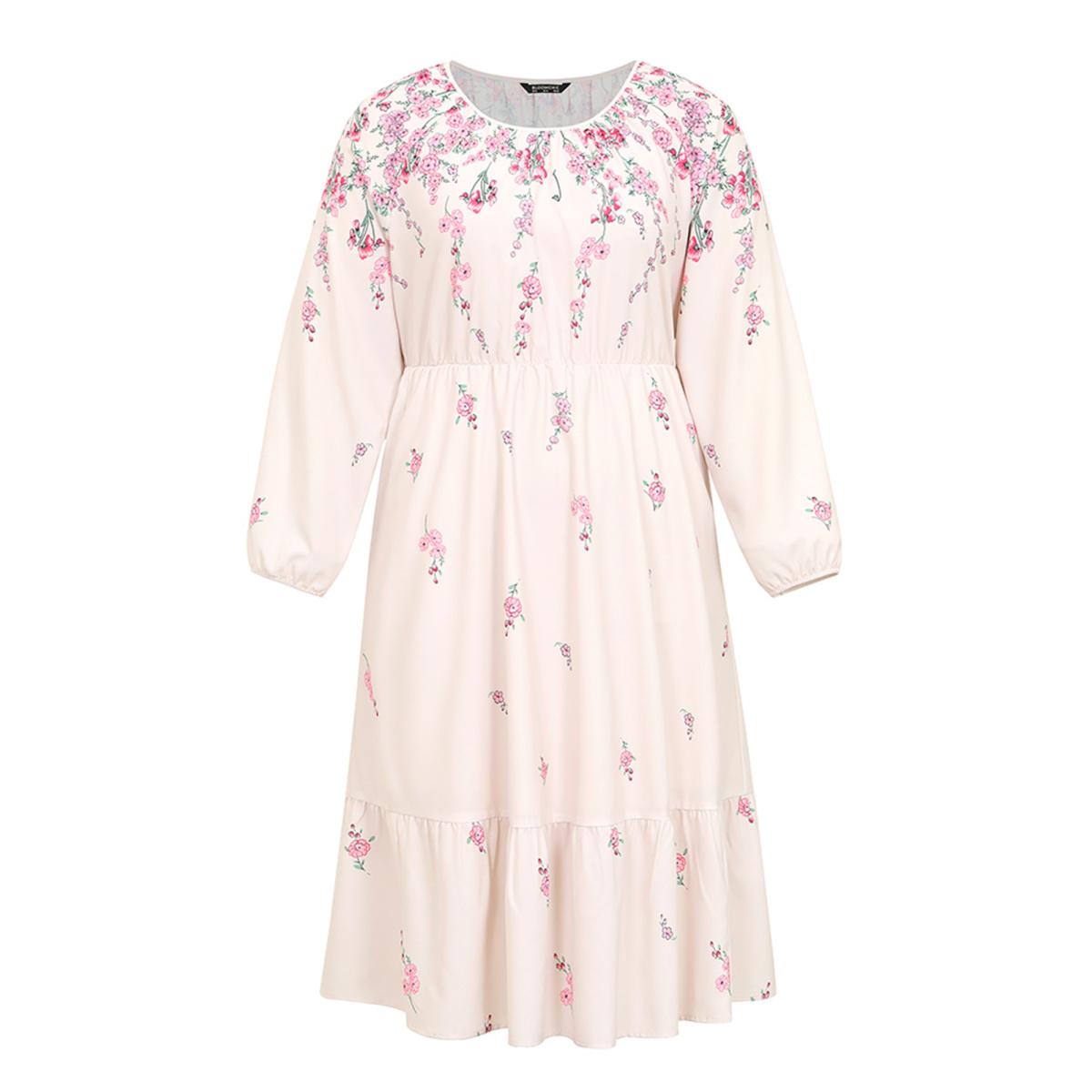 Plus Size Boho Print Patchwork Ruffles Lantern Sleeve Dress Apricot Women Elegant Elastic cuffs Round Neck Long Sleeve Curvy Midi Dress BloomChic 18-20/2X Product Image