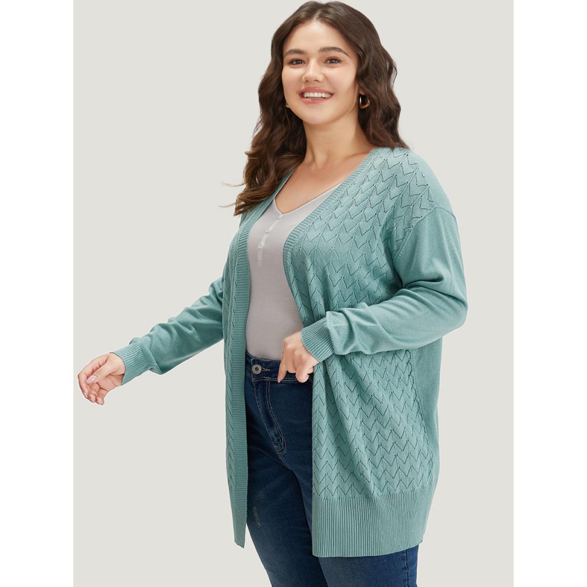 Plus Size Supersoft Essentials Geometric Eyelet Open Front Cardigan Emerald Women Casual Loose Long Sleeve Dailywear Cardigans BloomChic 30/6X Product Image