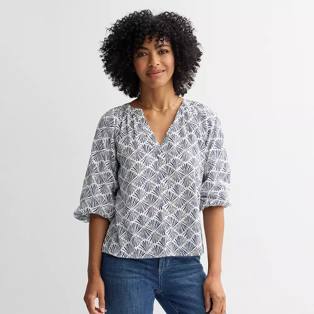 Women's Sonoma Goods For Life® Shirred Balloon Sleeve Y-Neck Top, Size: Large, Navy White Print Product Image