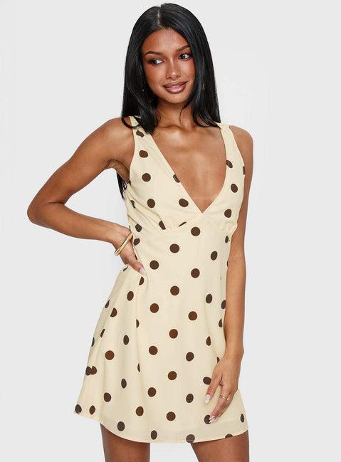Nellie Mini Dress Lemon / Brown Polka Dot Product Image