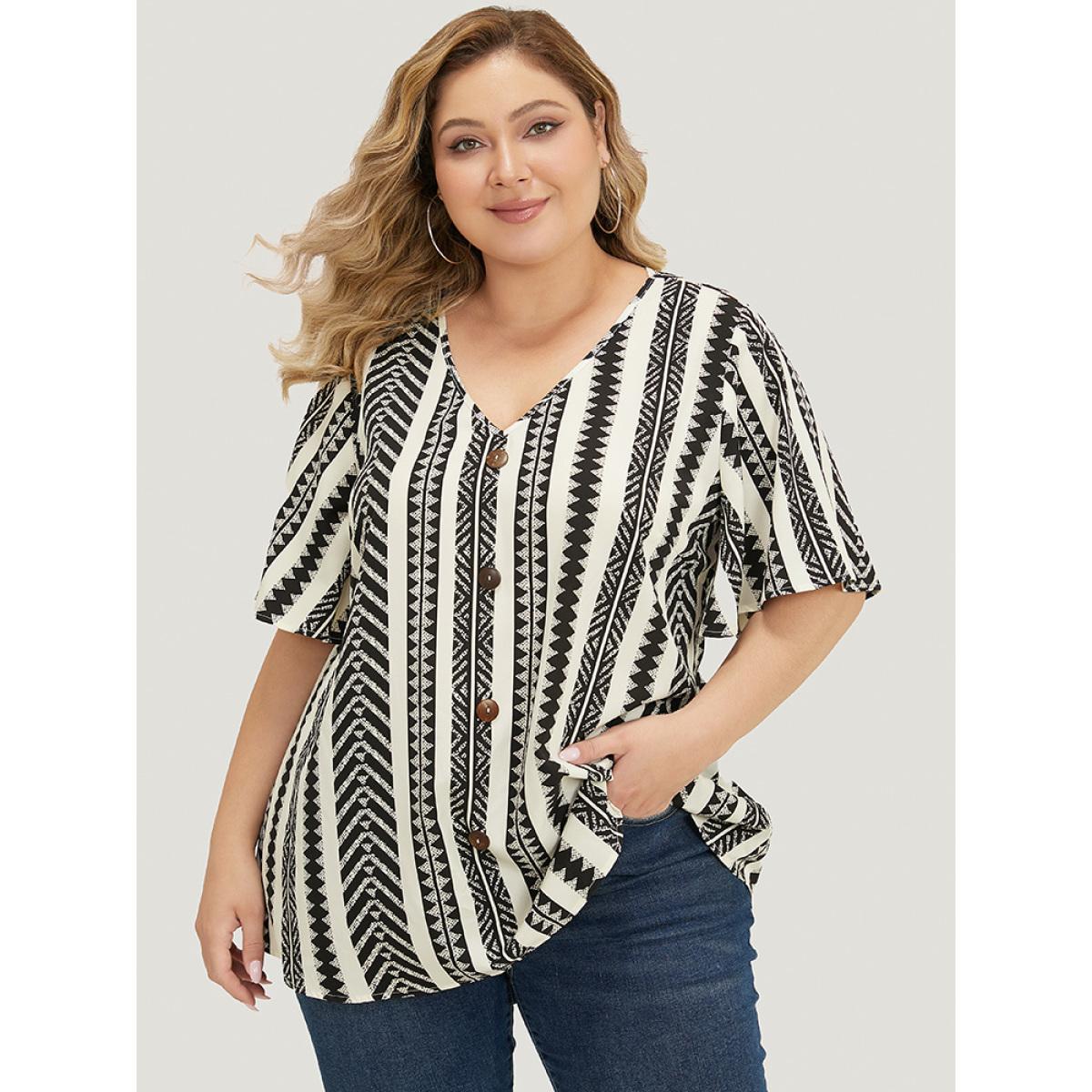 Plus Size White Geometric Print Ruffle Sleeve Button Detail Blouse Women Vacation Short sleeve V-neck Dailywear Blouses BloomChic 14-16/1X Product Image